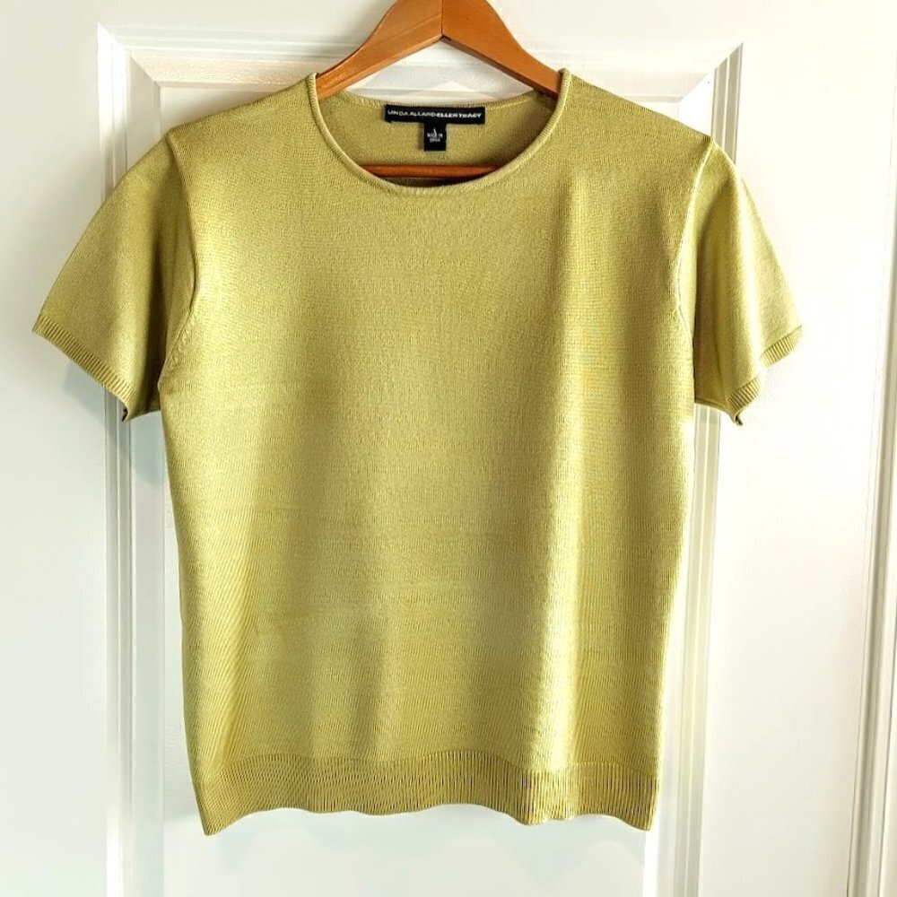 Linda Allard Ellen Tracy Green Silk Short Sleeve Sweater